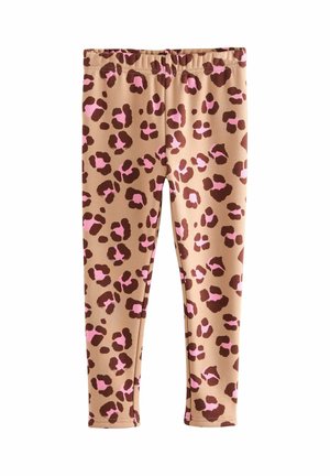 Tights bej cu un imprimeu de leopard în tonuri de maro și roz, cu talie elastică și un stil slim.