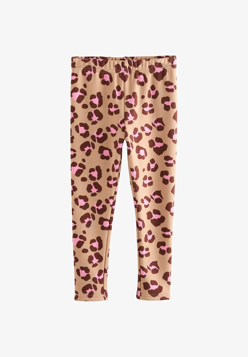 Leggings beige con stampa leopardata marrone e rosa, vita elastica e stile slim fit.