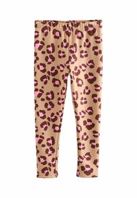 Beige leggings med brunt og pink leopardmønster, elastisk talje og slim fit stil.
