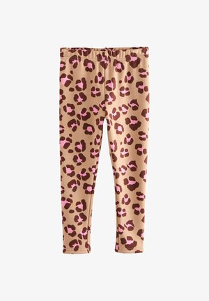 Beige leggings dengan pola cetakan leopard berwarna cokelat dan merah jambu, dilengkapi dengan pinggang elastis dan gaya slim fit.