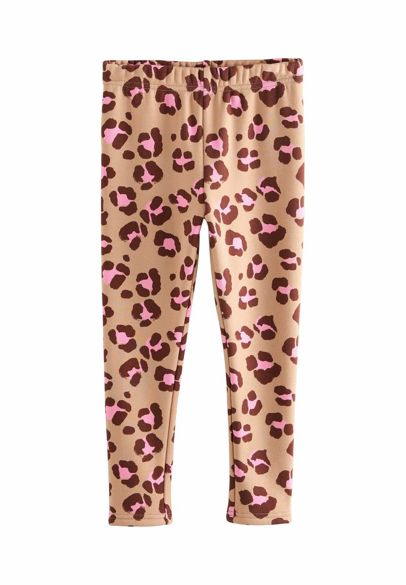 Beige leggings med brunt og pink leopardmønster, elastisk talje og slim fit stil.