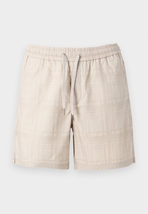 Shorts beige pour homme avec taille élastique, fermeture à cordon, poches latérales et motif à carreaux subtil.