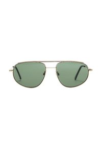 Occhiali da sole aviator con lenti verdi, montatura in metallo, doppio ponte e bracci neri. Presentano un design elegante e minimalista con finitura lucida.