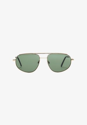 Occhiali da sole aviator con lenti verdi, montatura in metallo, doppio ponte e bracci neri. Presentano un design elegante e minimalista con finitura lucida.