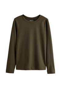 Langärmliges olivgrünes T-Shirt aus weicher Baumwolle. Verfügt über einen Rundhalsausschnitt und ein schlichtes, unauffälliges Design.