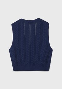 Mörkblå ärmlös stickad tröja med kabelmönster och öppna maskdetaljer på baksidan. Tajt passform med ribbad fåll.