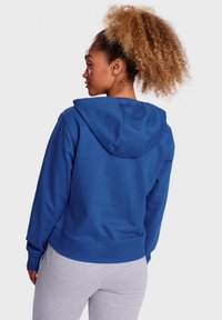 Blauer Kapuzenpullover aus Baumwollmischung, mit lockerem Schnitt, gerippten Bündchen und Saum sowie einer glatten Textur. Persönlicher Stil mit Kapuze.