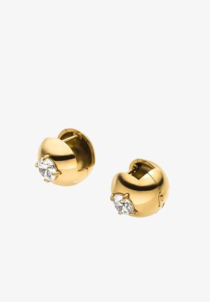 Ohrstecker in Gold-Ton mit runder Form, verziert mit einem facettierten klaren Stein in der Mitte und einer sicheren Scharnierbefestigung.