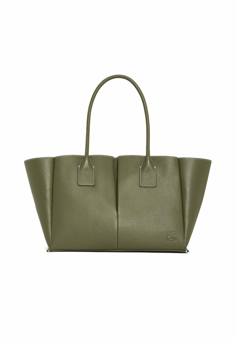 Sac fourre-tout en cuir vert olive avec deux longues poignées, forme structurée, fond plat et détails de couture discrets le long des bords.