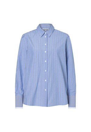 Chemise à manches longues à rayures verticales bleues et blanches, boutonnée et dotée d'un col, avec des poignets à rayures horizontales.