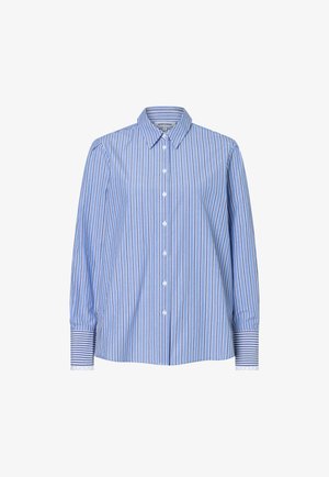 Chemise à manches longues à rayures verticales bleues et blanches, boutonnée et dotée d'un col, avec des poignets à rayures horizontales.