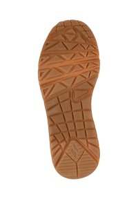 Semelle en caoutchouc de couleur marron, texturée avec des motifs triangulaires et rectangulaires, avec un logo au centre inférieur pour l'adhérence.