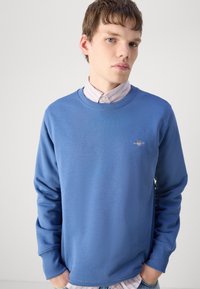 Young man with short brown hair wearing a blue crewneck sweatshirt over a pink striped button-up shirt against a plain background.