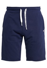Shorts décontractés bleu marine avec des cordons blancs, taille élastique, poches avant et petit logo brodé sur la cuisse droite.