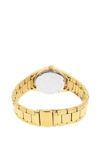 Gold stainless steel watch with a brushed finish, rounded case, and a reflective back. Features a linked bracelet and secure clasp.