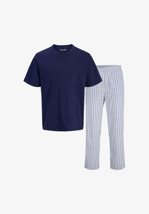 T-shirt en coton navy à manches courtes et pantalon de pyjama à carreaux bleu clair avec une taille élastique et un motif de grille contrastant.