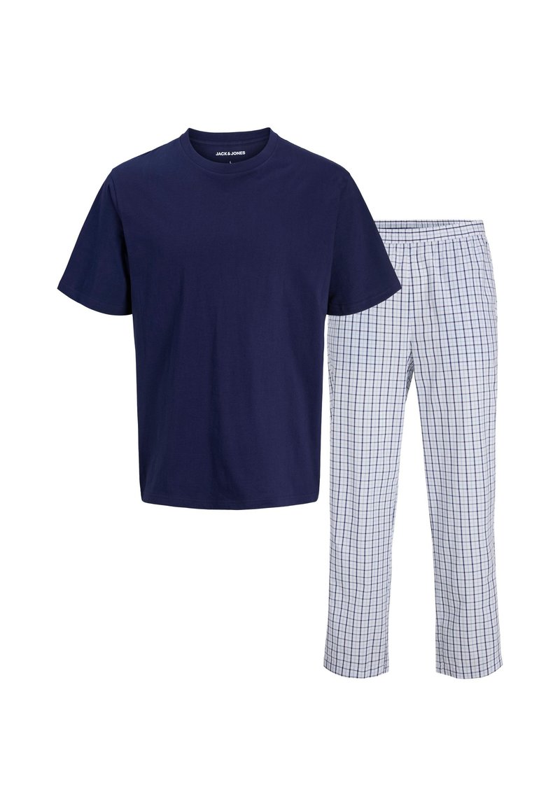 T-shirt en coton navy à manches courtes et pantalon de pyjama à carreaux bleu clair avec une taille élastique et un motif de grille contrastant.