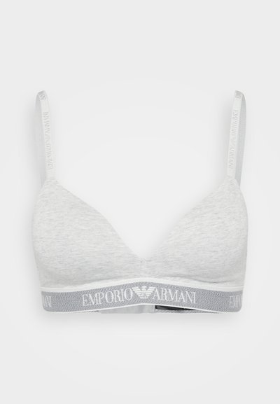 Grey triangle bra made of soft fabric, featuring thin straps and a branded elastic band with "Emporio Armani" logo.