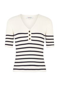 Top corto a maniche corte crema con righe verticali e strisce orizzontali blu navy. Presenta un collo a V e tre bottoni rotondi nella parte anteriore.