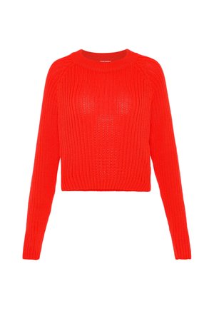 Jasnoczerwony dziergany sweter z długimi rękawami i okrągłym dekoltem, z prążkowaną fakturą i lekko skróconym fasonem.
