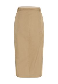 Jupe crayon beige en tissu léger. Présente une texture lisse, une silhouette ajustée et une taille avec des détails de couture subtils.