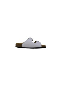 Infradito bianche a due bande con soletta in sughero, suola in gomma e accessori regolabili di colore argento. Presenta una texture di materiale liscia.