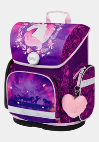 Zaino viola con un design di unicorno. Tessuto testurizzato, decorato con stelle e fiori. Include un portachiavi a forma di cuore rosa soffice.