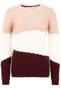 Pull en maille présentant des blocs de couleurs horizontaux : rose clair, blanc et bordeaux. Tissu texturé avec poignets et ourlet côtelés. Encolure ronde.