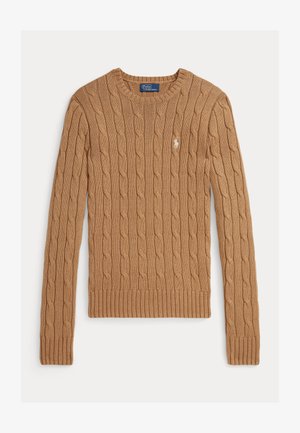 Pulover pleten s kabelskim uzorkom u boji preplanule kože, s okruglim izrezom, rebrastim manžetama i rubom te malim logotipom na prsima. Izrađen od teksturiranog tkanja.