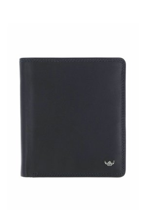 Black leather bifold wallet with stitched edges and small silver emblem in bottom right corner on white background.