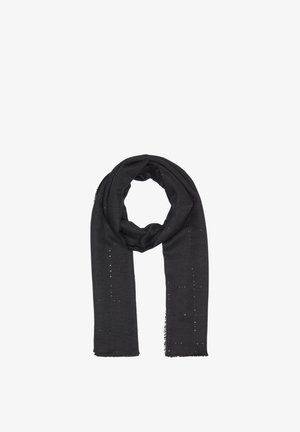 Black scarf made of soft fabric, featuring a textured pattern with subtle accents and fringed edges. Rectangular shape.