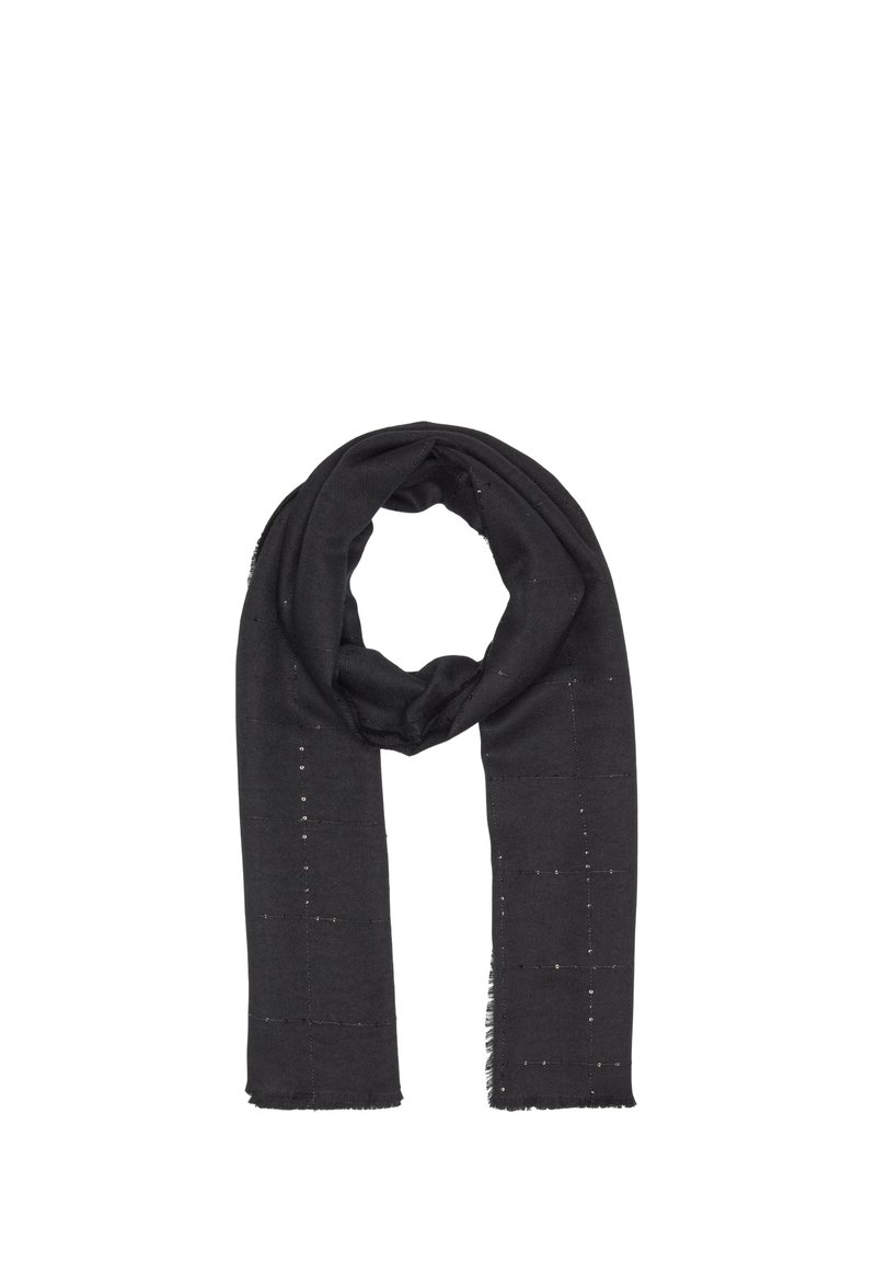 Écharpe noire en tissu doux, avec un motif texturé et des accents subtils, et des bords frangés. Forme rectangulaire.