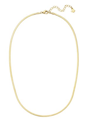 Delicado collar de cadena tipo serpiente en oro con cierre de langosta y cadena extensora, con un pequeño encanto en forma de pájaro sobre un fondo blanco.