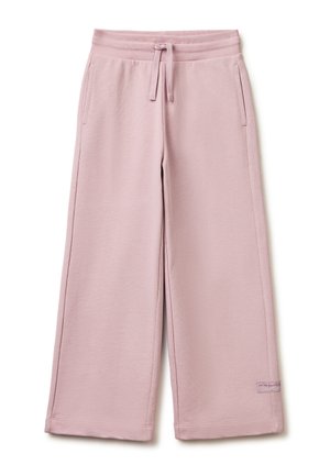 Rosa weit geschnittene Hose mit elastischem Bund und Kordelzug, seitlichen Taschen und einem kleinen Etikett nahe dem Saum am rechten Bein.