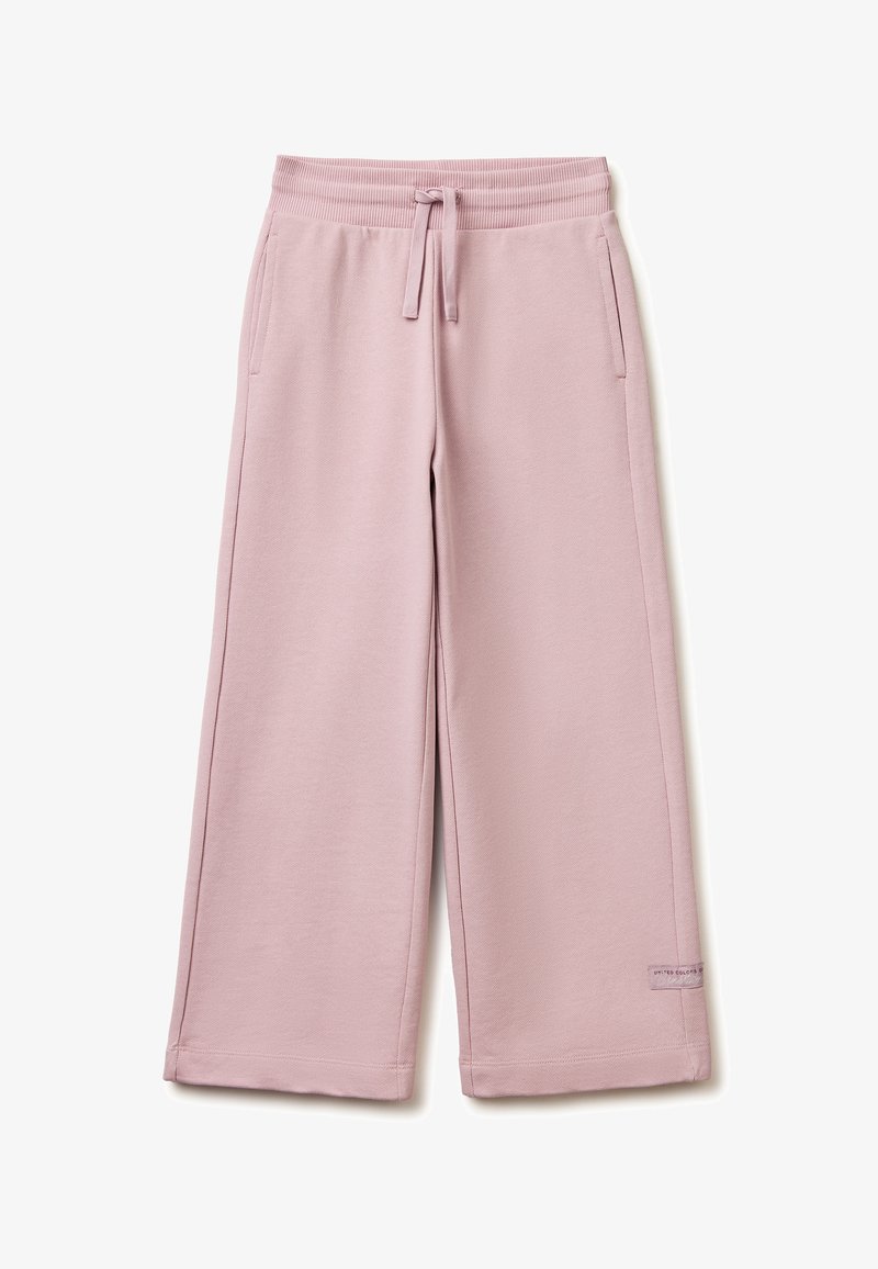Pantalones anchos de color rosa con cinturilla elástica y cordón, que cuentan con bolsillos laterales y una pequeña etiqueta cerca del dobladillo en la pierna derecha.