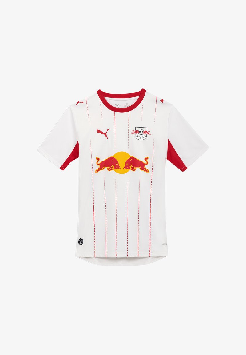 Maillot de football blanc du RB Leipzig avec bordure rouge, fines rayures verticales rouges, logos Puma et logo double taureau de Red Bull centré sur la poitrine.