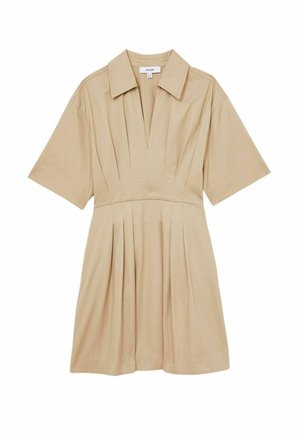 Beige short-sleeve dress with a collar, V-neckline, and pleated detailing on the bodice and skirt.