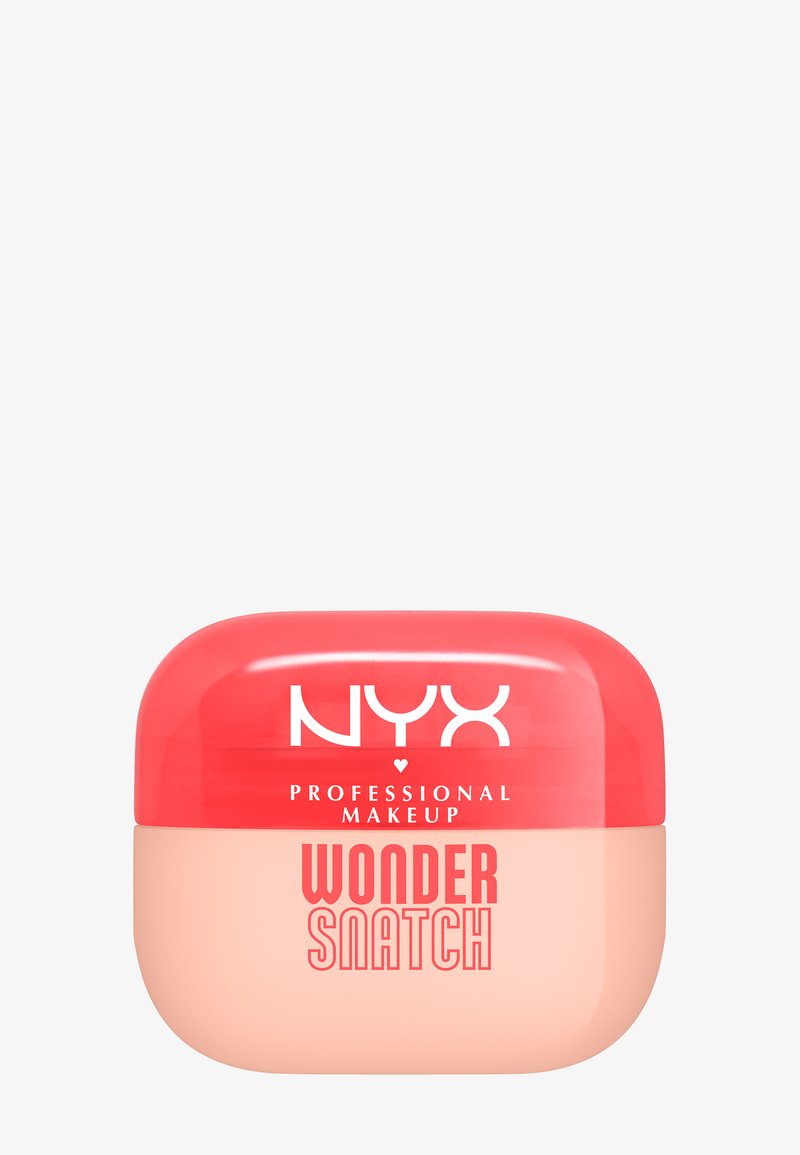 Ronde container met een rood deksel en een roze bodem. Het etiket vermeldt "NYX PROFESSIONAL MAKEUP" en "WONDER SNATCH" in vetgedrukte letters.