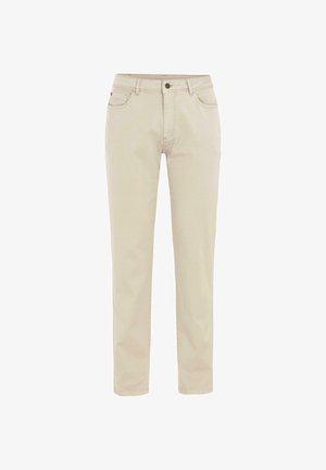 Beige straight-leg pants with front button and zipper, belt loops, and five-pocket design.