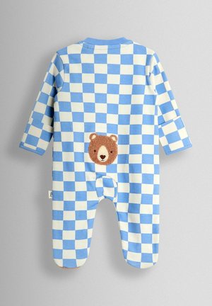 Body pour bébé à carreaux bleu et blanc en tissu doux, avec une application d'ours brun au dos et un design pieds intégrés.