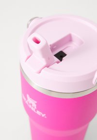 Pink stainless steel travel mug with a light pink lid and a sliding spout for sipping. Features a textured grip and a silver band at the top.