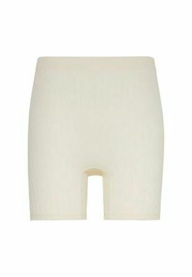 Beige nauwsluitende shorts gemaakt van geribbelde stof met een lengte tot halverwege de dij en een open inzetstuk voor gemak. Eenvoudig, naadloos ontwerp.