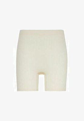 Pantalones cortos beige ajustados hechos de tela acanalada, con una longitud hasta mitad del muslo y una bragueta abierta para mayor comodidad. Diseño simple y sin costuras.