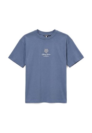 T-shirt blu in cotone a maniche corte con piccolo logo tigre bianco ricamato e scritta "Antony Morato" centrata sul petto.