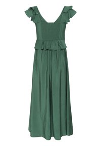 Robe midi verte sans manches avec bretelles volantées, corsage smocké et détail de taille à basque.