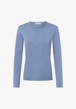 Long-sleeve shirt in soft, light blue fabric with a round neck and a fitted design. No visible patterns or graphics.