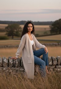 Beżowy dziergany kardigan z długimi rękawami, z kieszeniami z przodu, noszony na białym topie i niebieskich dżinsach, siedzący na kamiennej ścianie w polu.