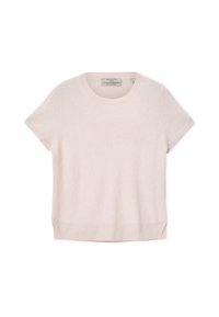 Maglione a maniche corte di un delicato rosa, realizzato in un materiale morbido, con scollatura rotonda e leggere fessure laterali all'orlo per facilitare i movimenti.