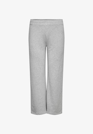 Sive hlače s širokimi hlačnicami, mehko teksturo in elastičnim pasom, brez vidnih vzorcev ali kovinskih detajlov.