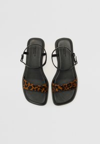 Sandali neri piatti con punta quadrata, dotati di una fascia con stampa leopardata e una cinghia alla caviglia per la regolazione. Texture liscia con hardware minimale.
